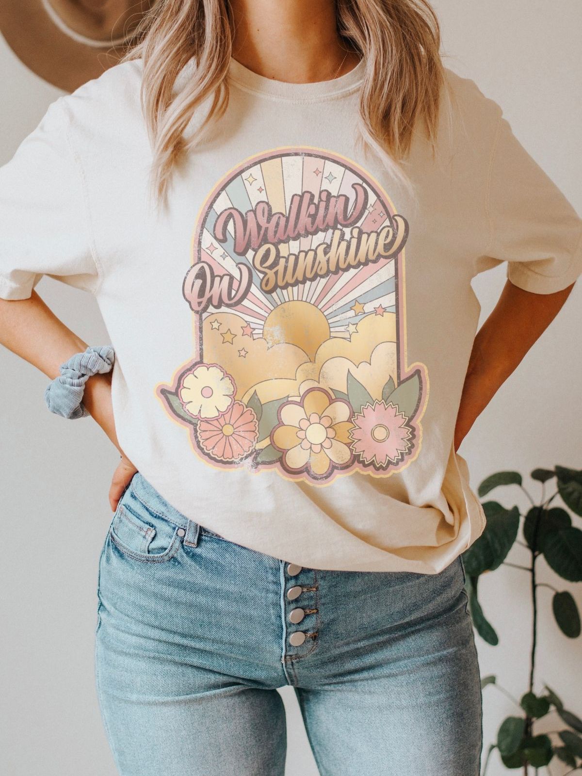 Walkin on Sunshine graphic t-shirt with floral design