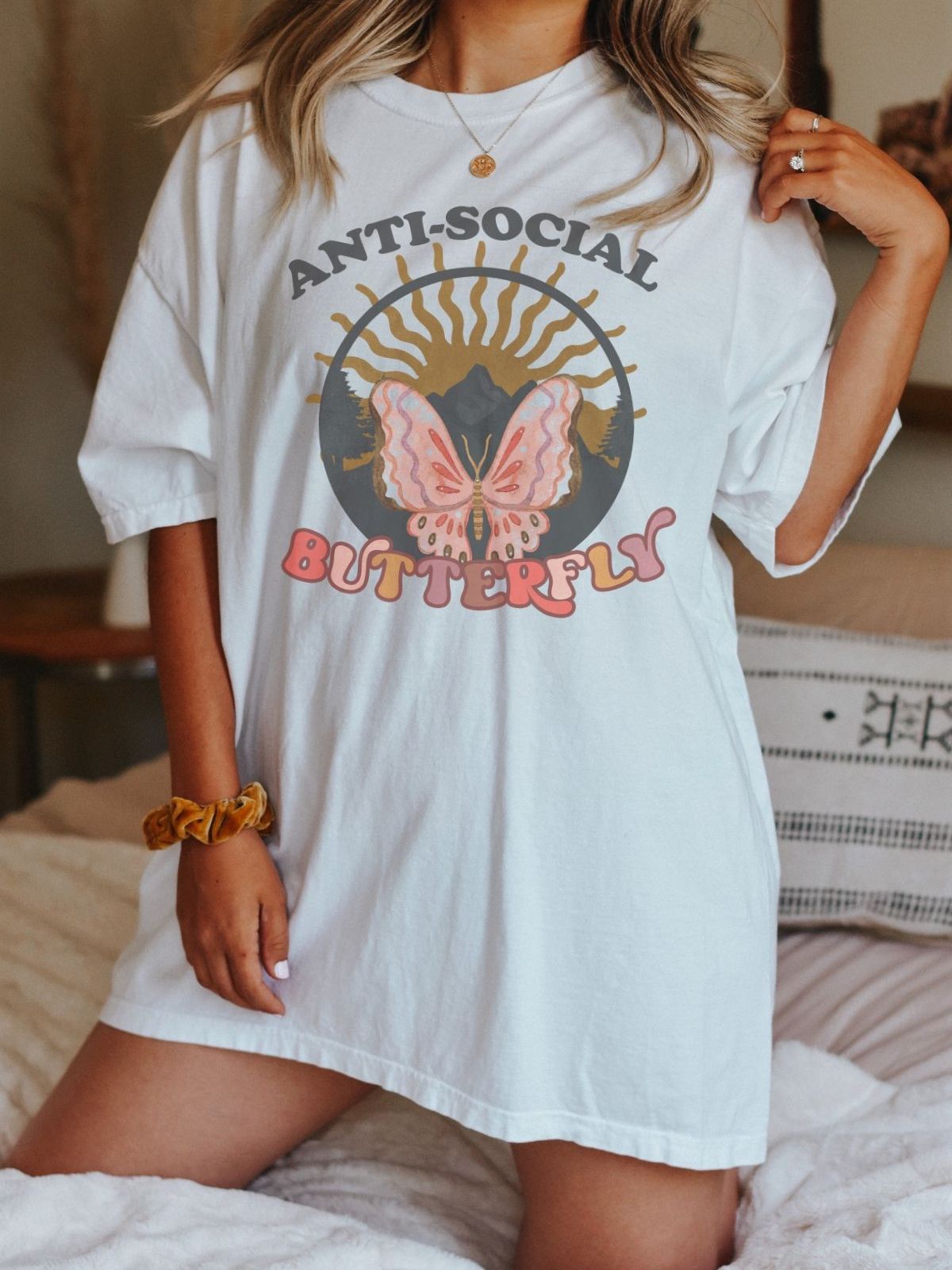 womens t-shirt with anti-social butterfly design