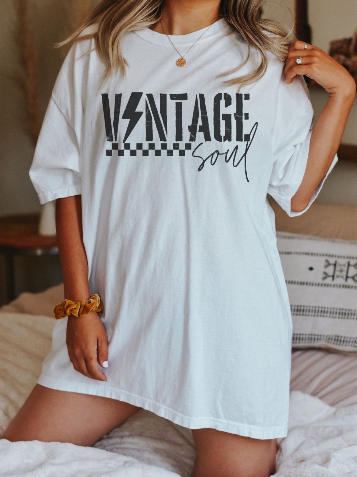 Vintage Soul graphic t-shirt with checkered pattern