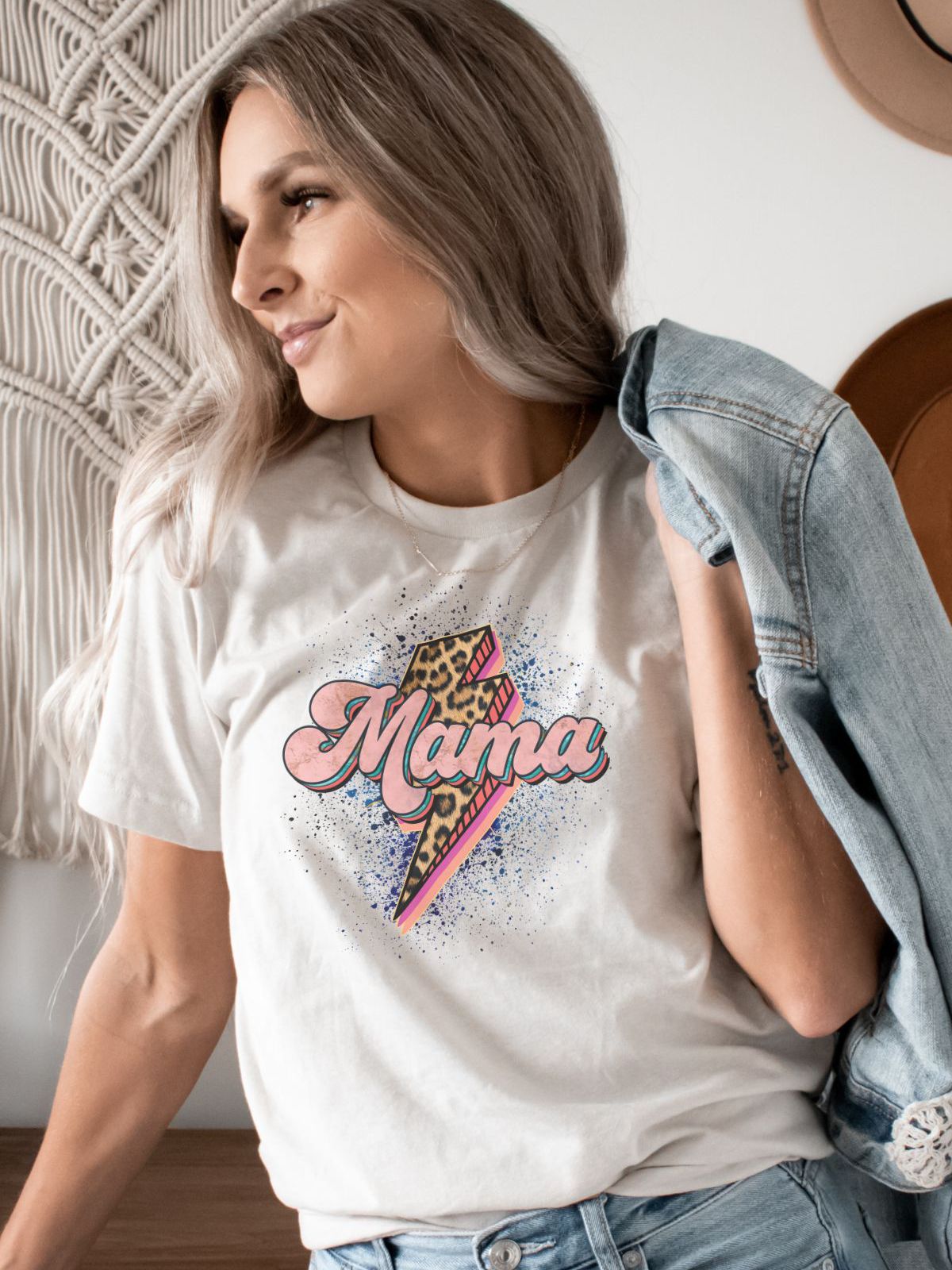 Woman wearing Mama graphic T-shirt