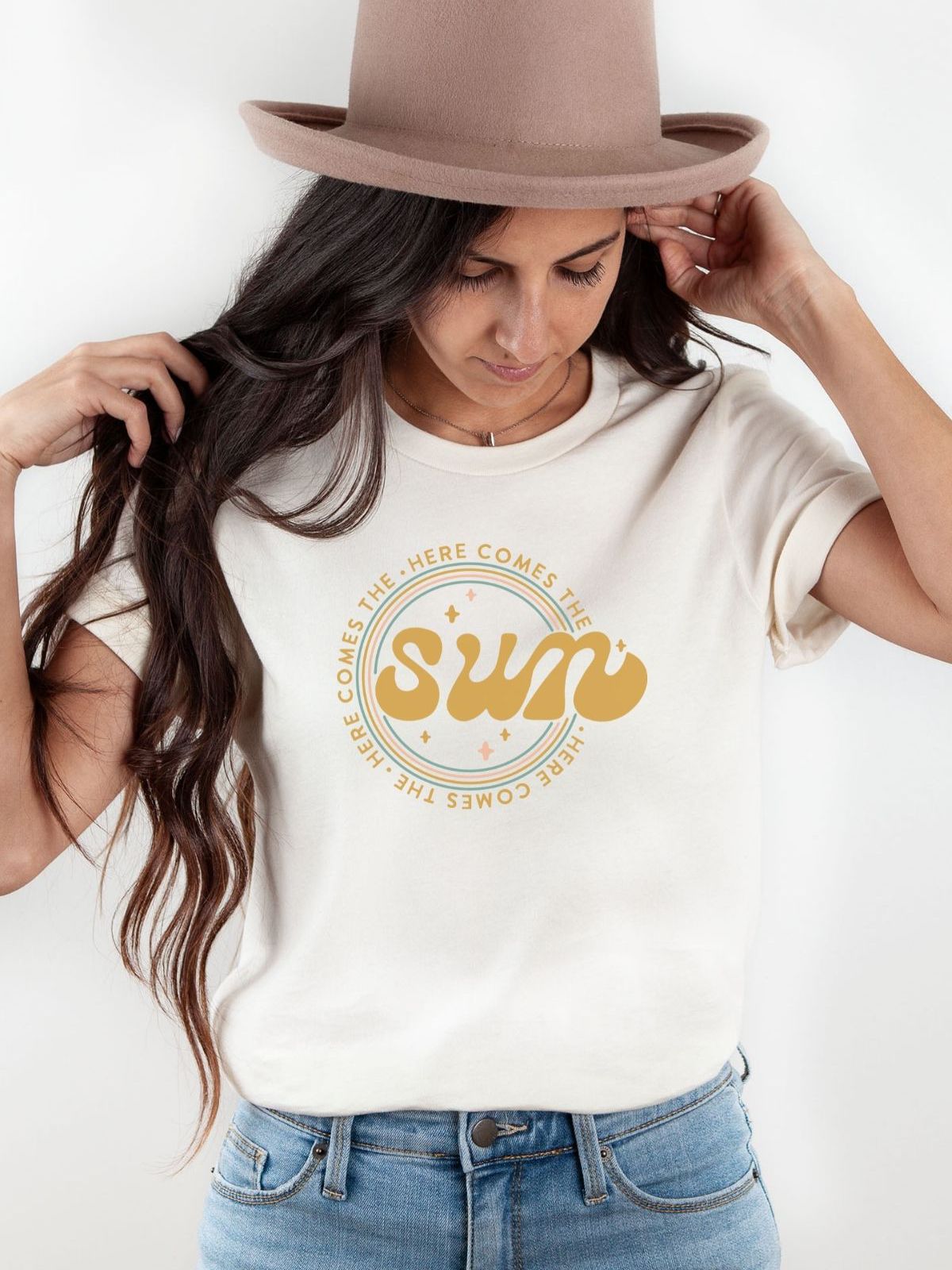woman wearing sun design t-shirt
