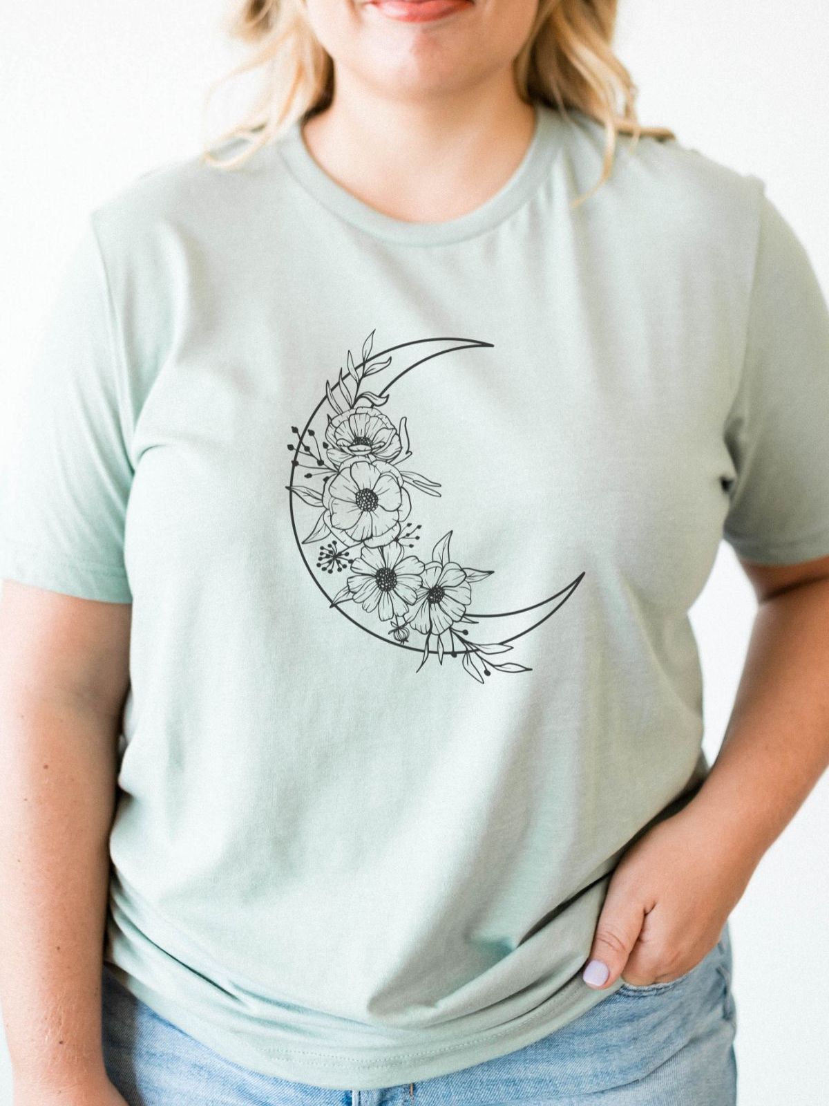 Floral moon design on women's t-shirt