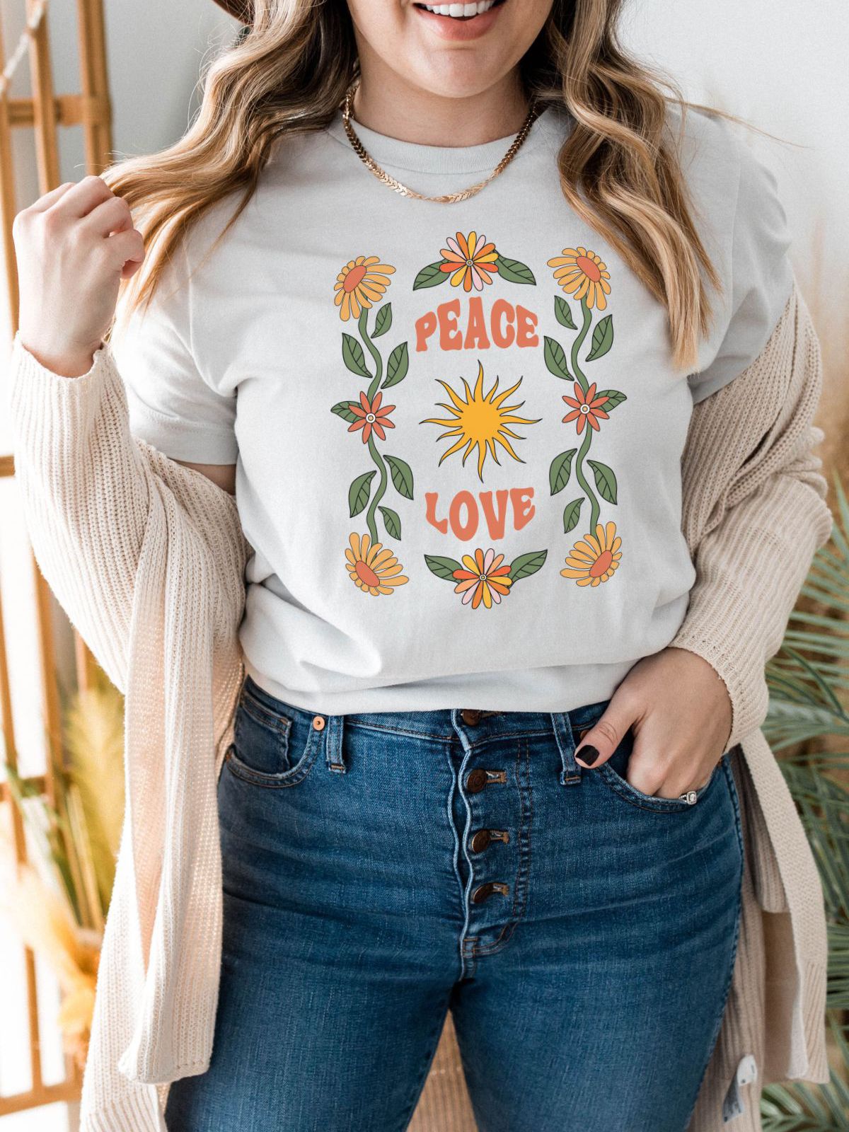 woman wearing peace love floral t-shirt