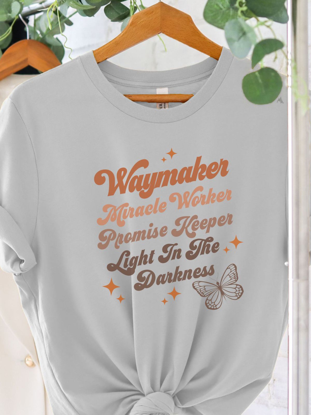 Gray t-shirt with Waymaker Miracle Worker Promise Keeper text and butterfly