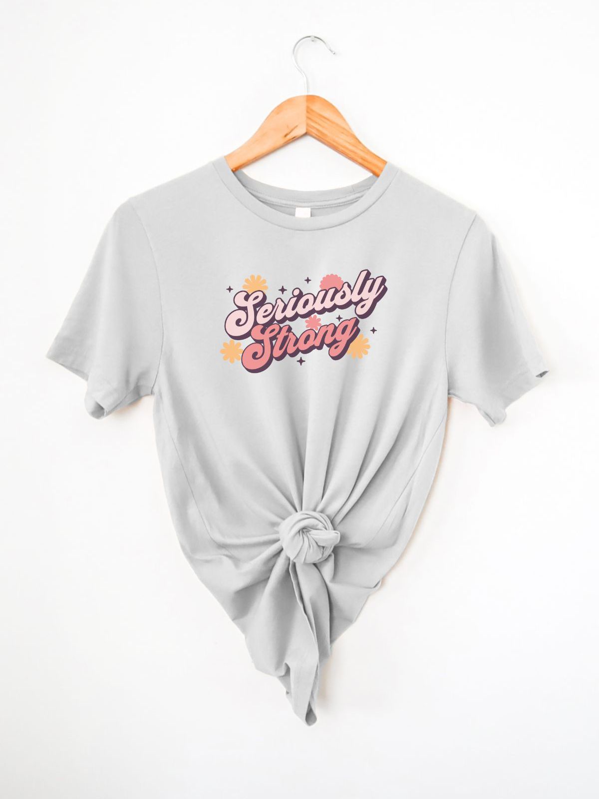 gray t-shirt with Seriously Strong text