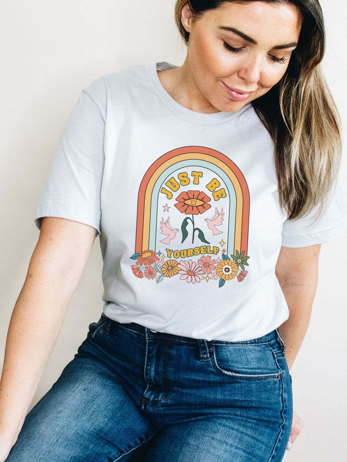 White t-shirt with Just Be Yourself floral design