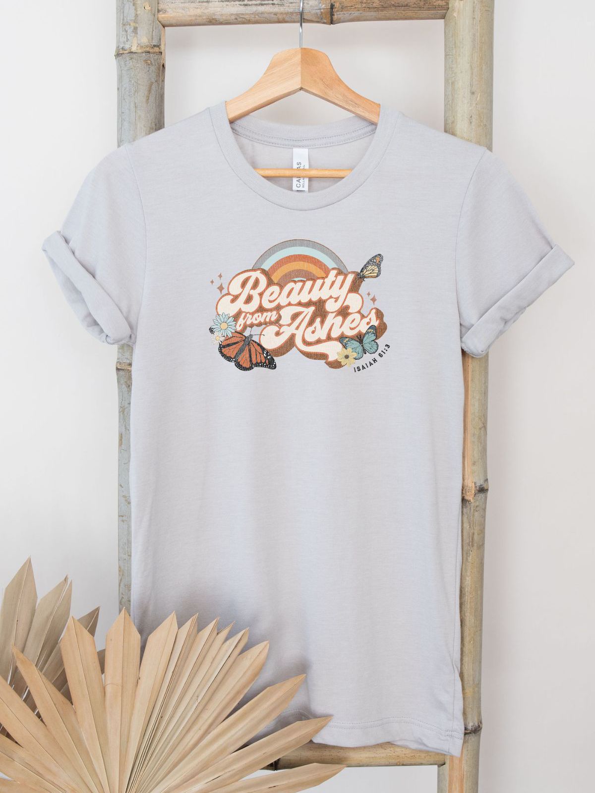 Beauty from Ashes t-shirt with butterflies and rainbow design