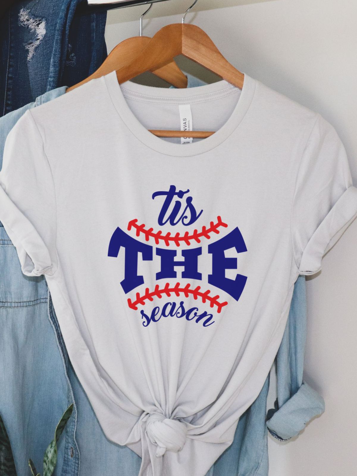 white t-shirt with Tis The Season baseball design