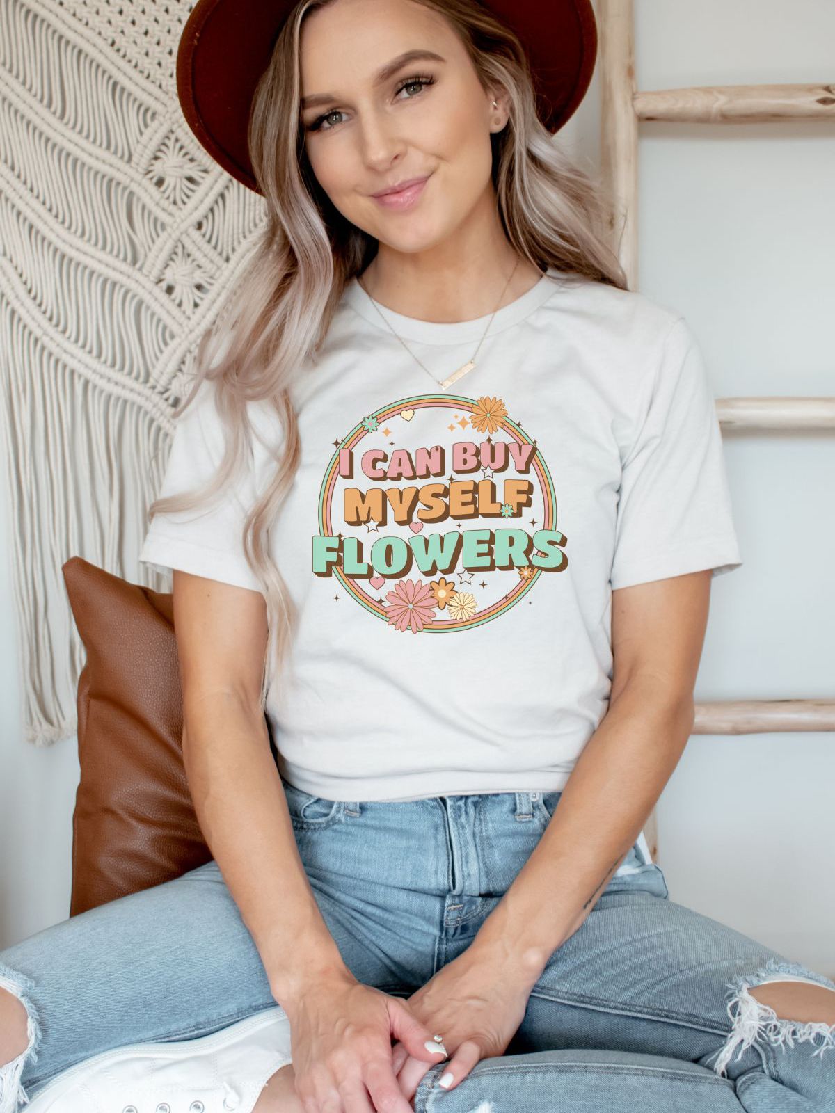 woman wearing I Can Buy Myself Flowers t-shirt