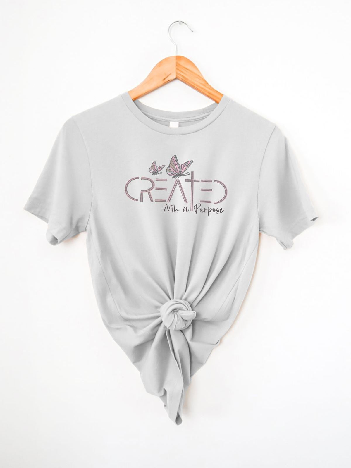 gray t-shirt with 'Created With a Purpose' and butterfly design