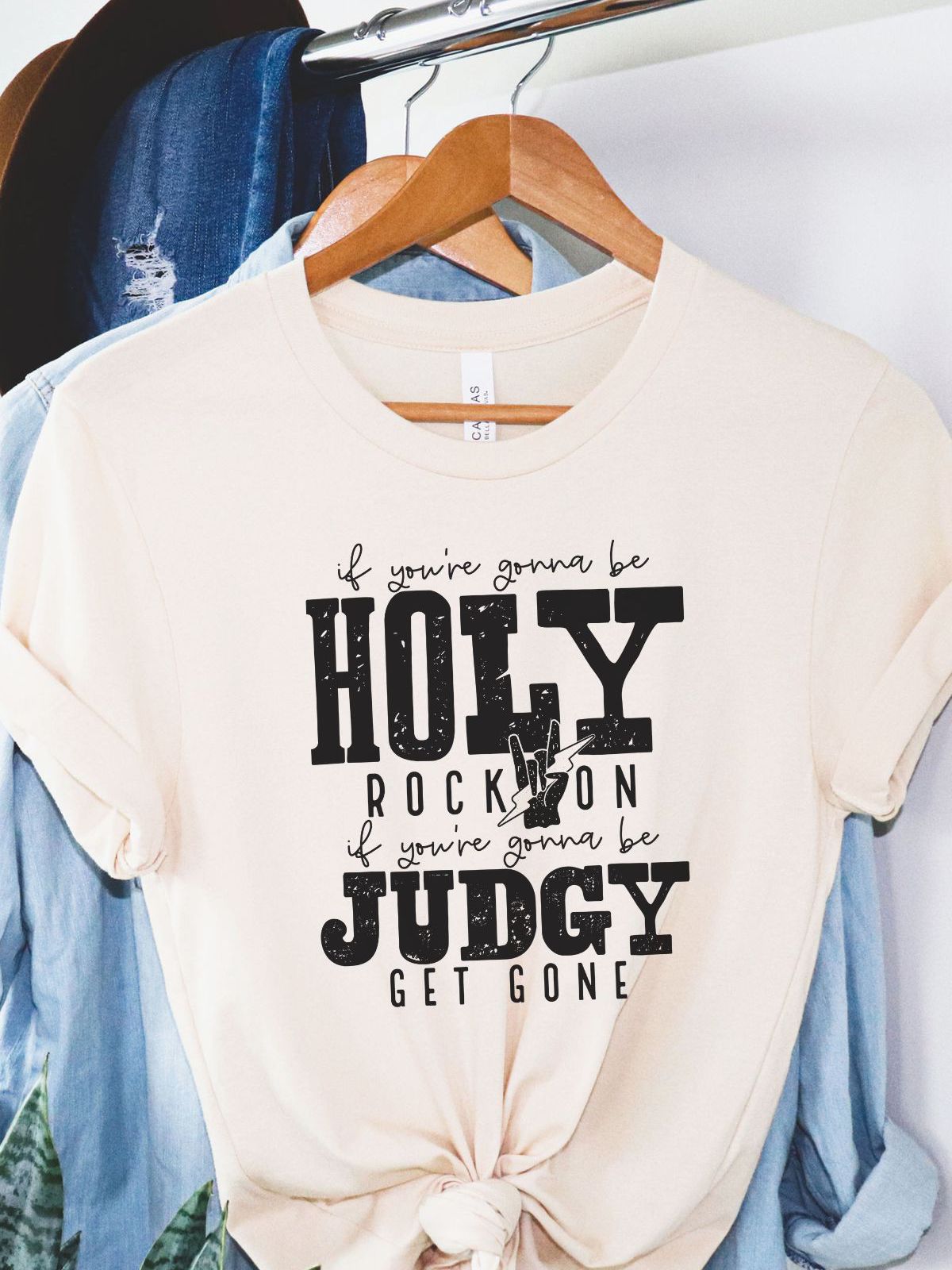 women's t-shirt with holy rock on judgy text