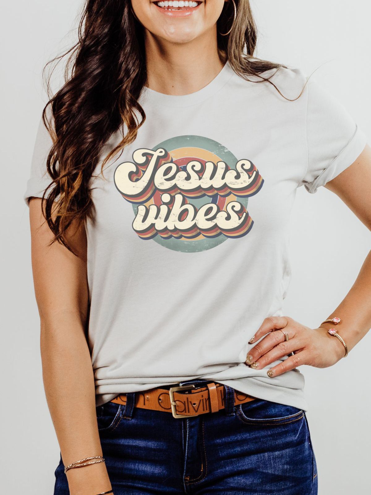 woman wearing a Jesus vibes t-shirt