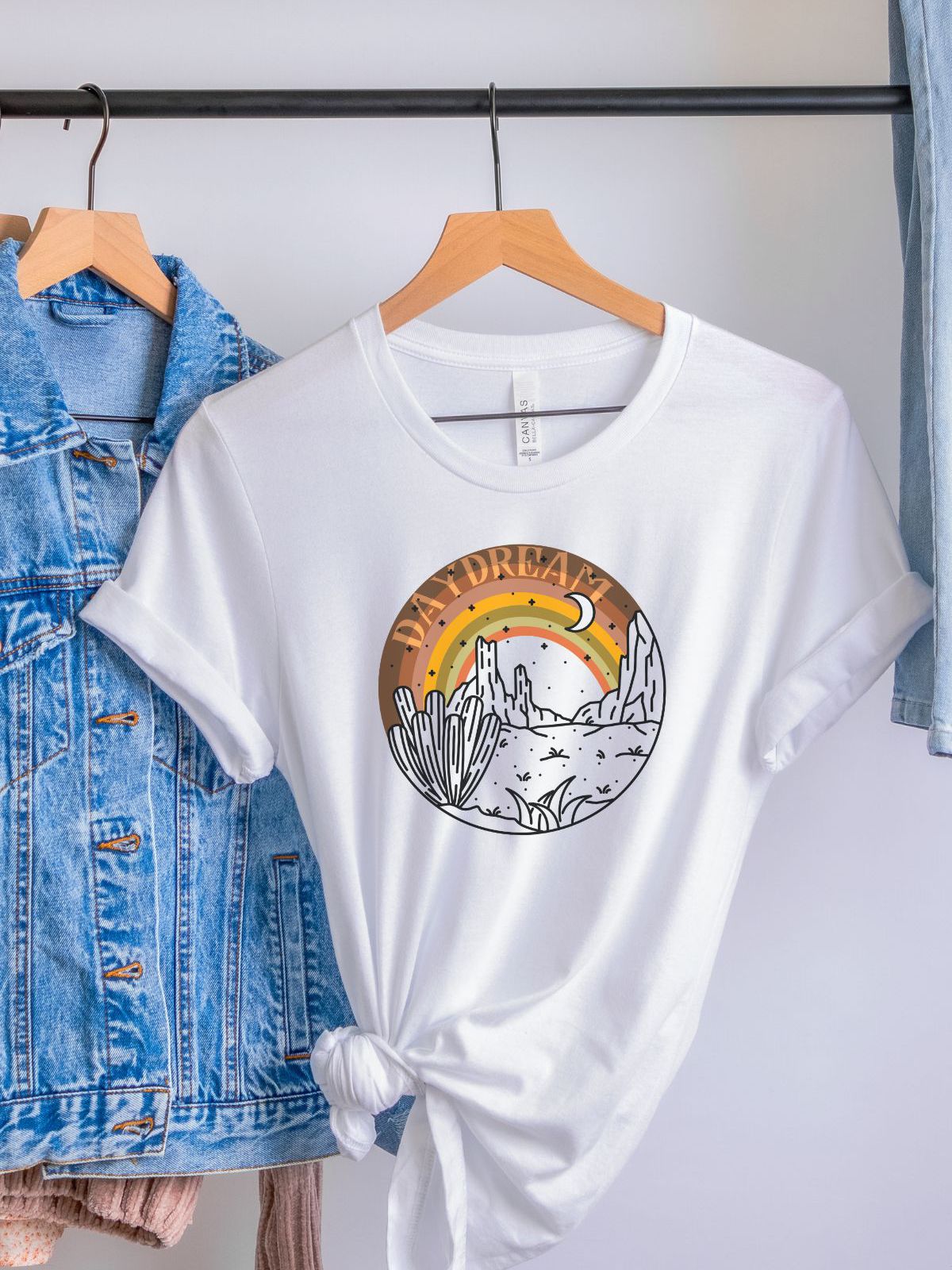 Daydream desert graphic on a white womens t-shirt