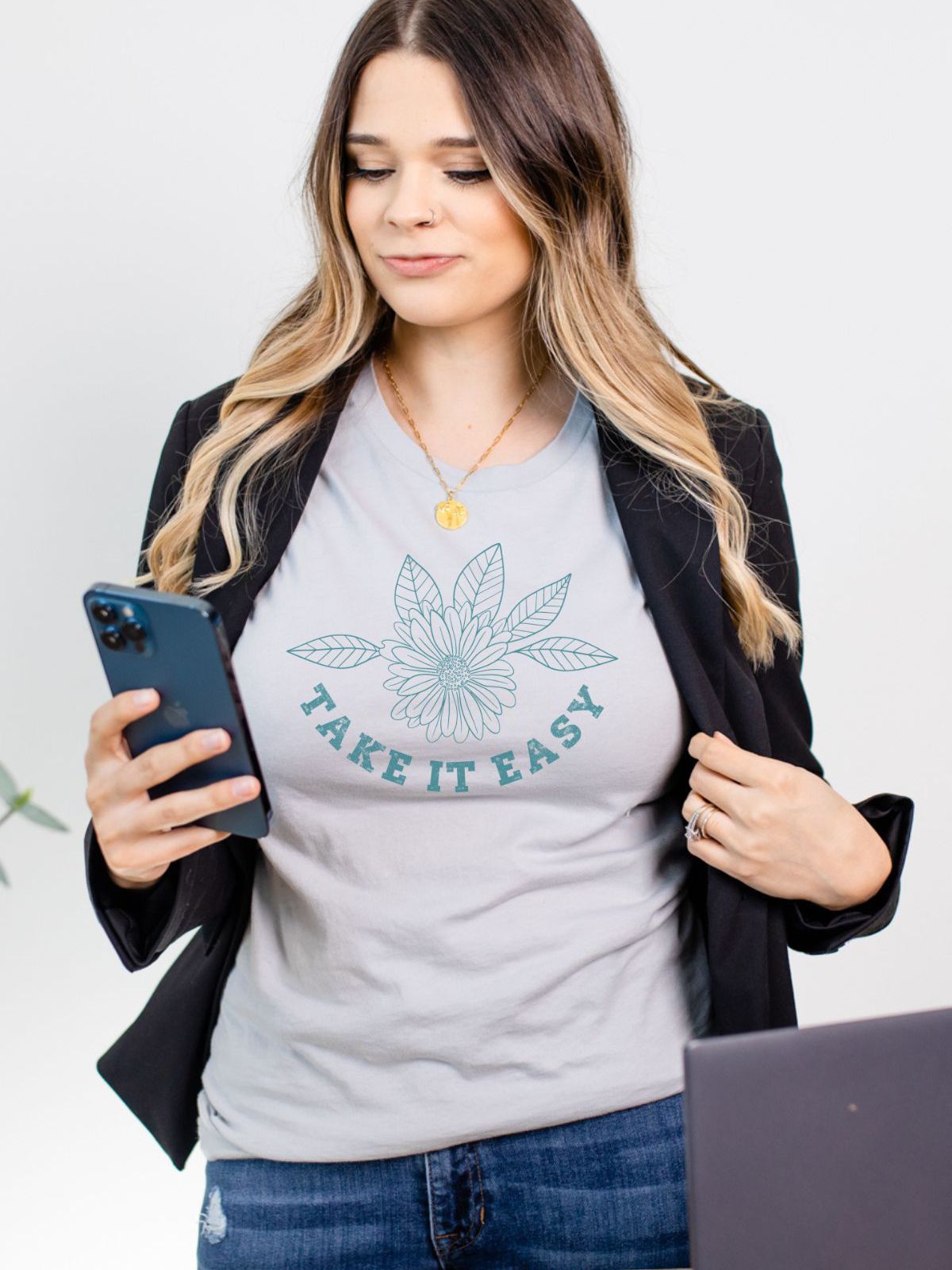 woman wearing Take It Easy graphic t-shirt