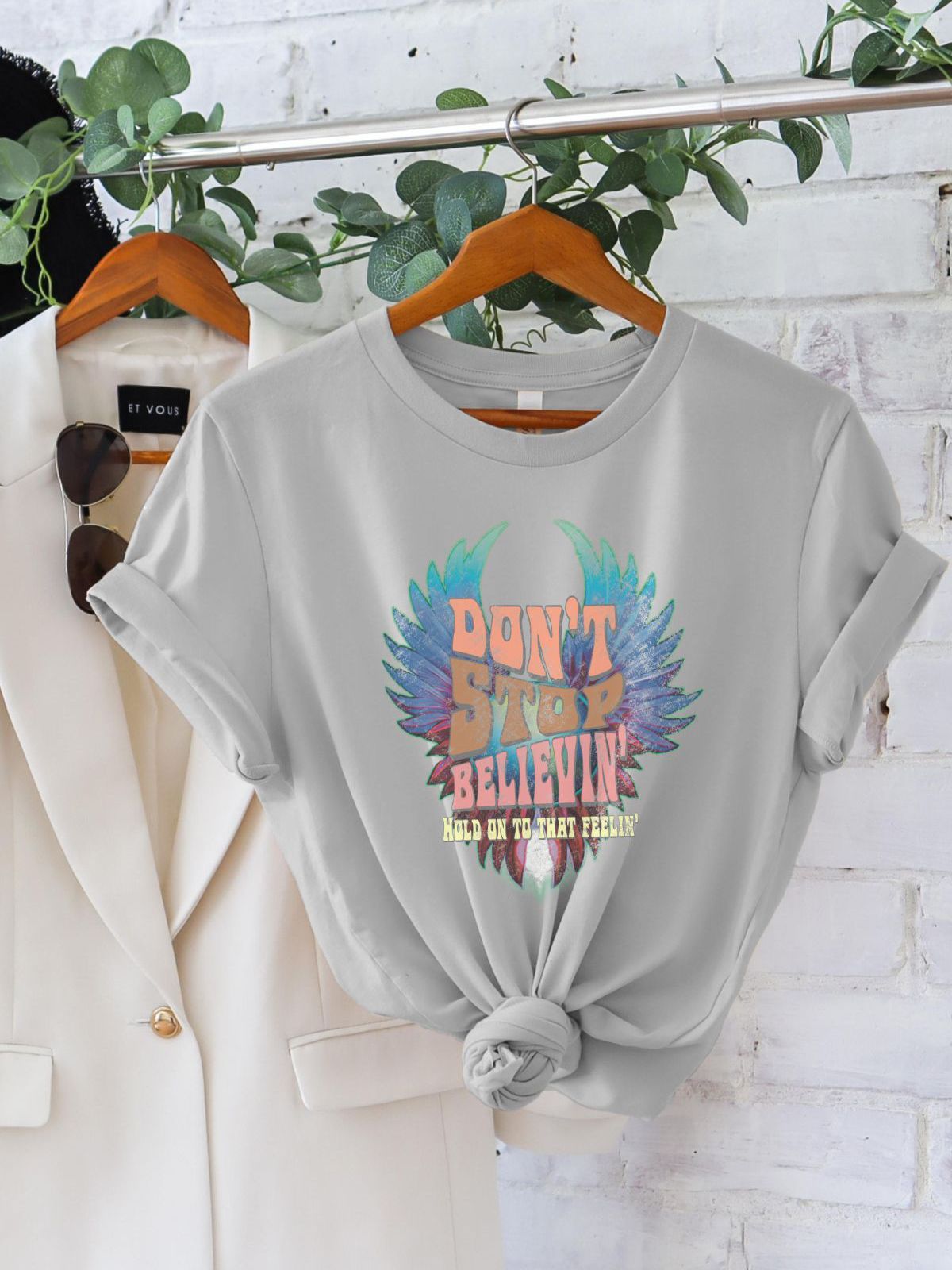 womens tshirt with don't stop believin graphic