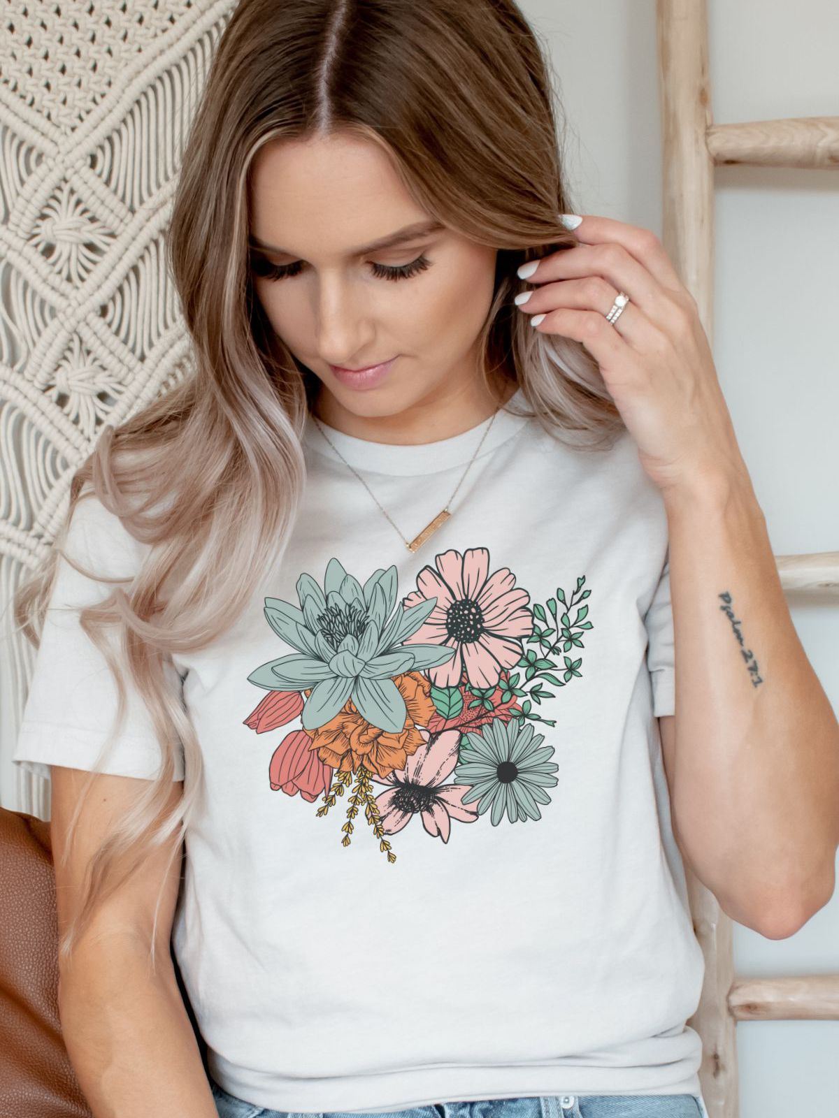 woman wearing floral print t-shirt