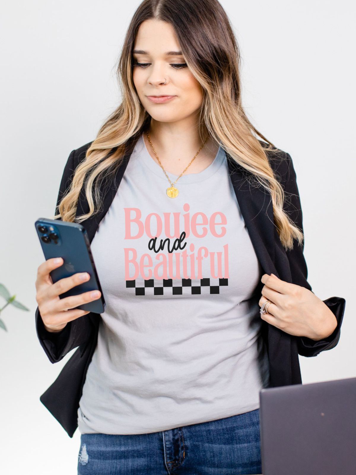 woman wearing Boujee and Beautiful t-shirt