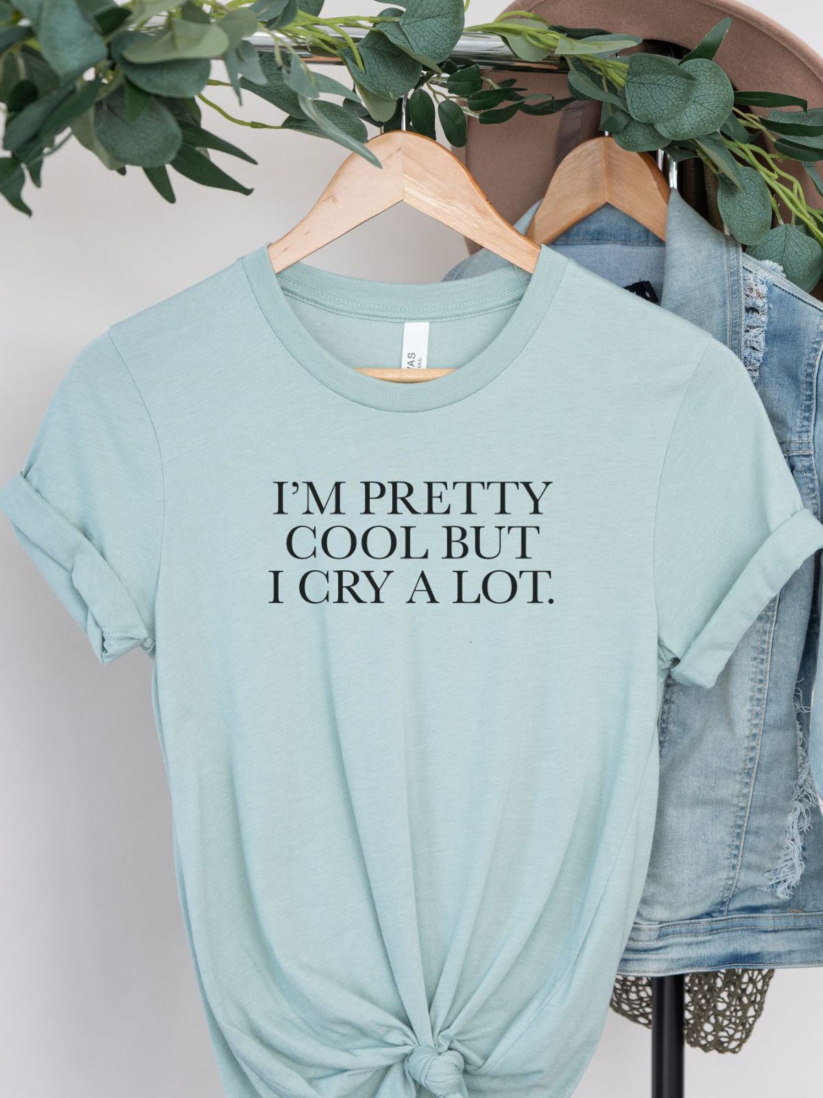 light blue t-shirt with cool crying text