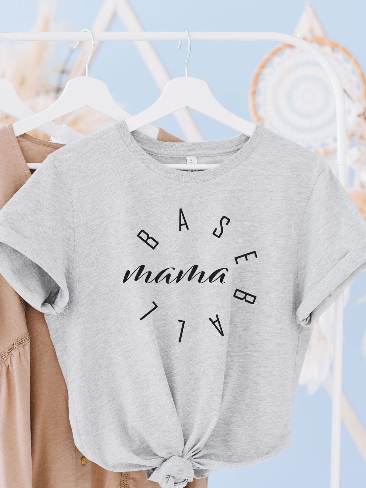 gray baseball mama t-shirt on hanger