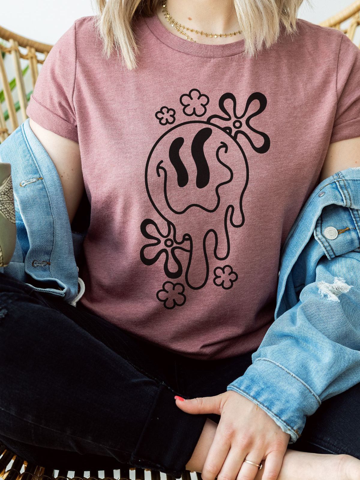 woman wearing t-shirt with abstract floral design