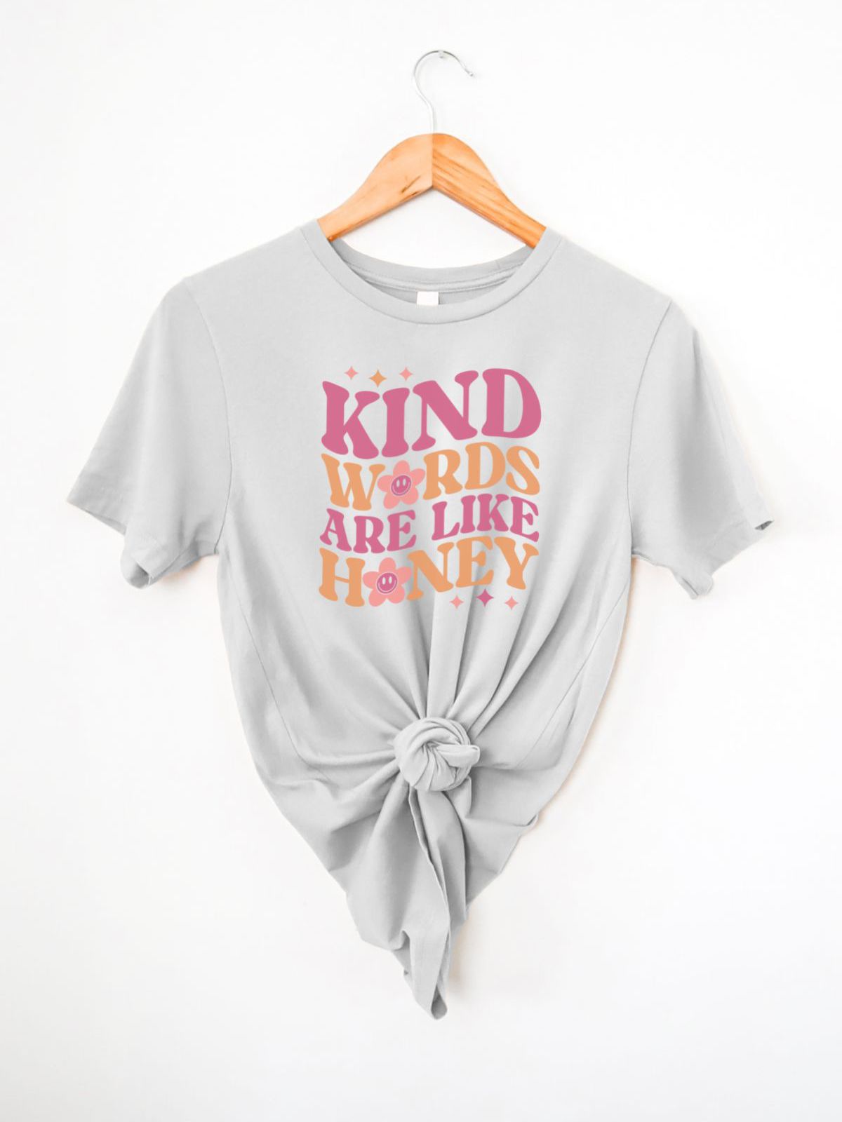 Grey t-shirt with 'Kind Words Are Like Honey' design