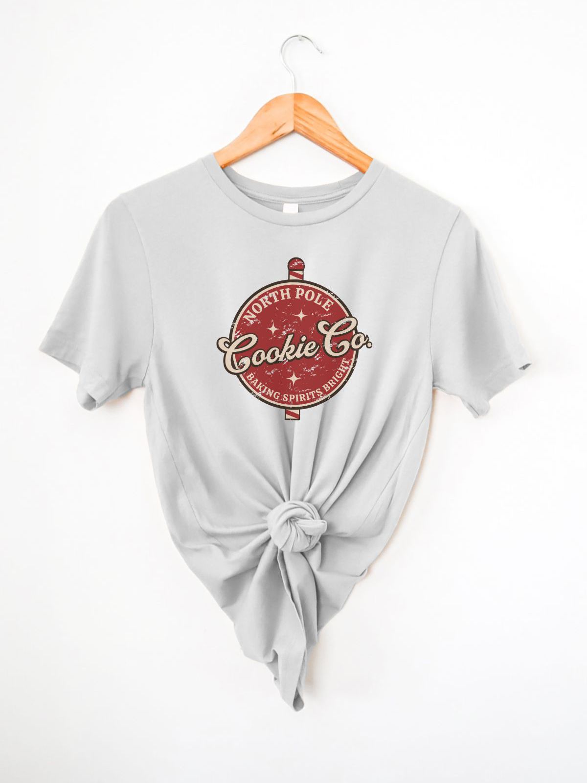 Grey t-shirt with North Pole Cookie Co design