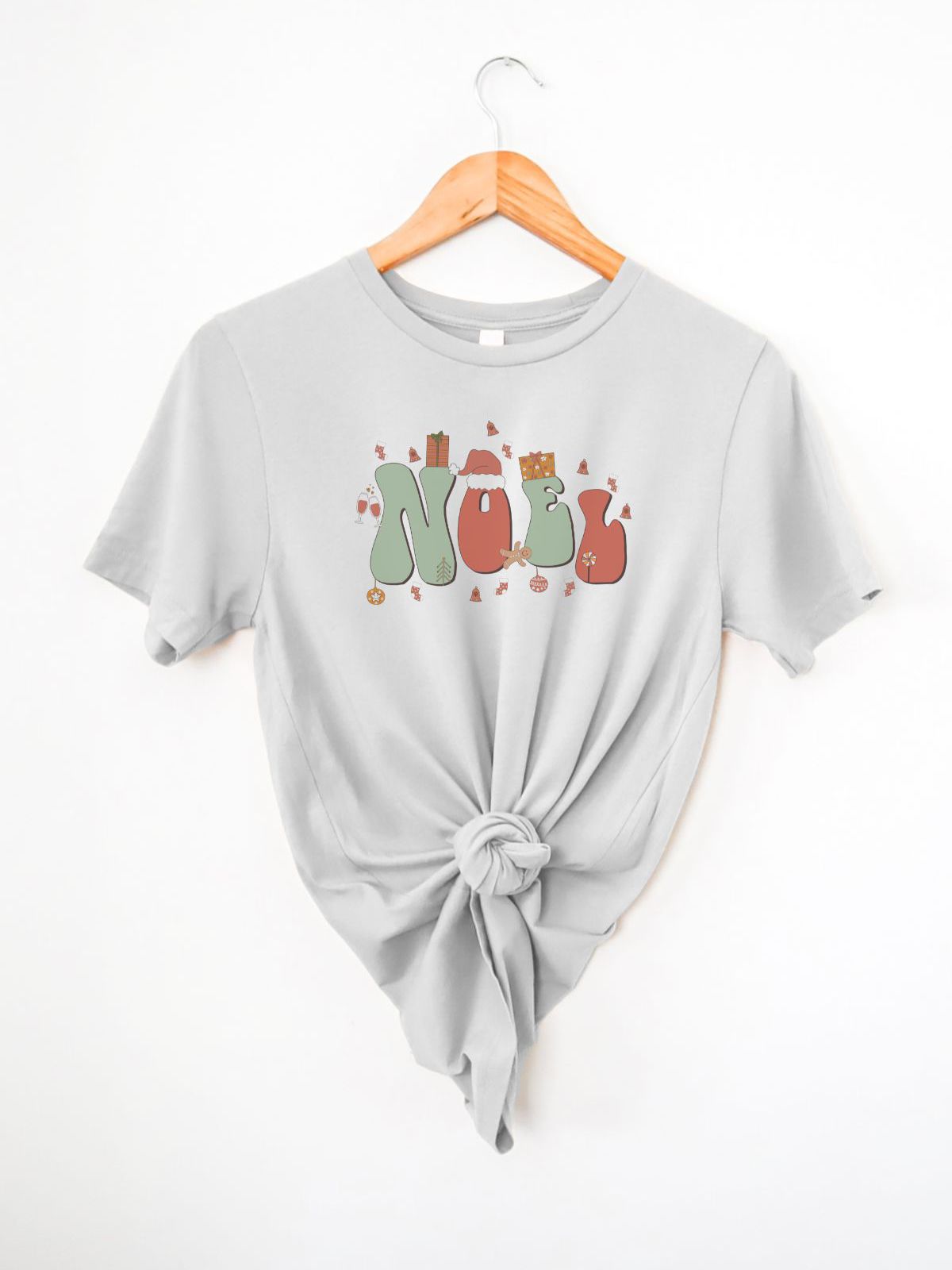 Noel text graphic on grey t-shirt