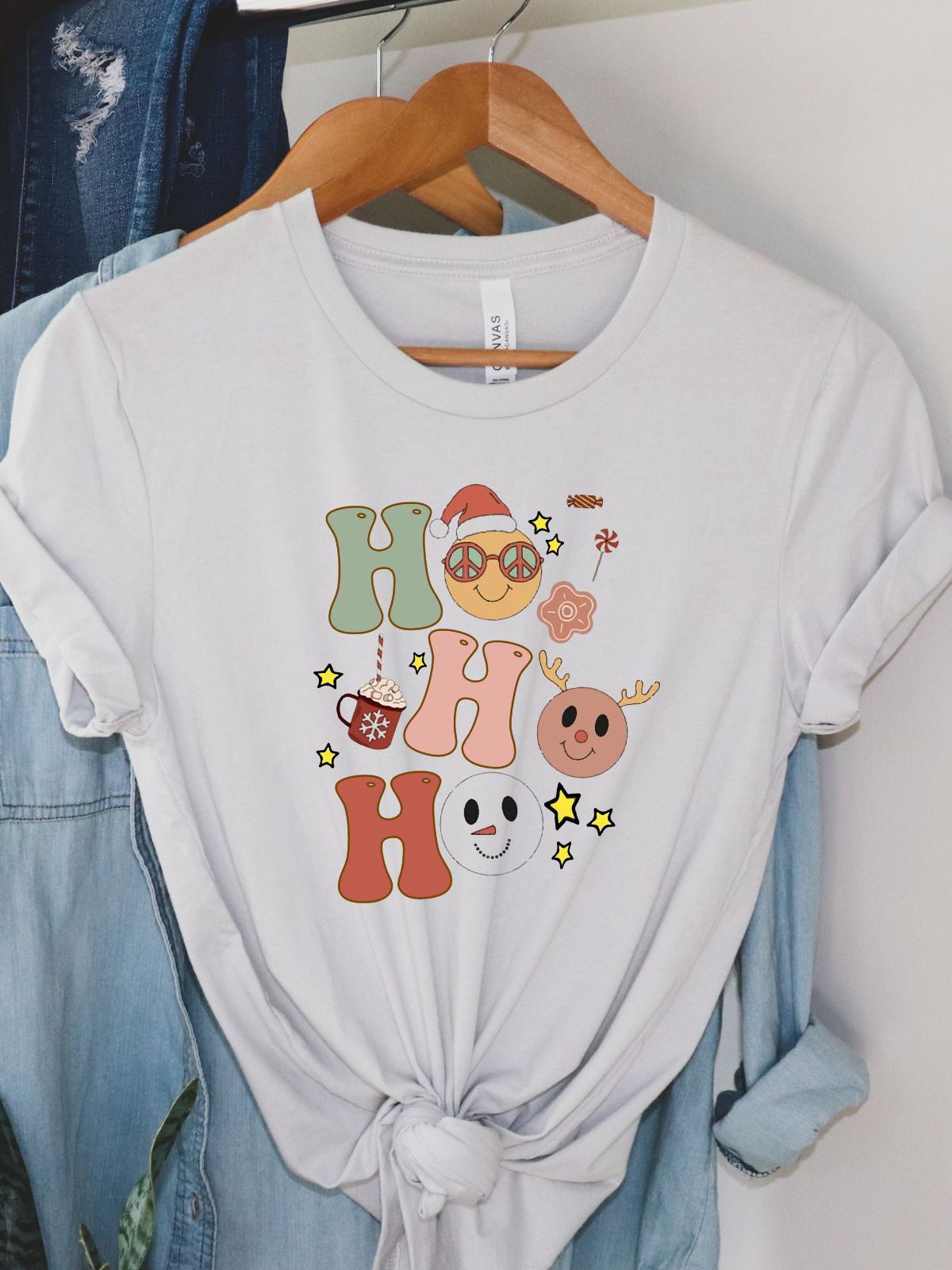 White t-shirt with colorful Ho Ho Ho design