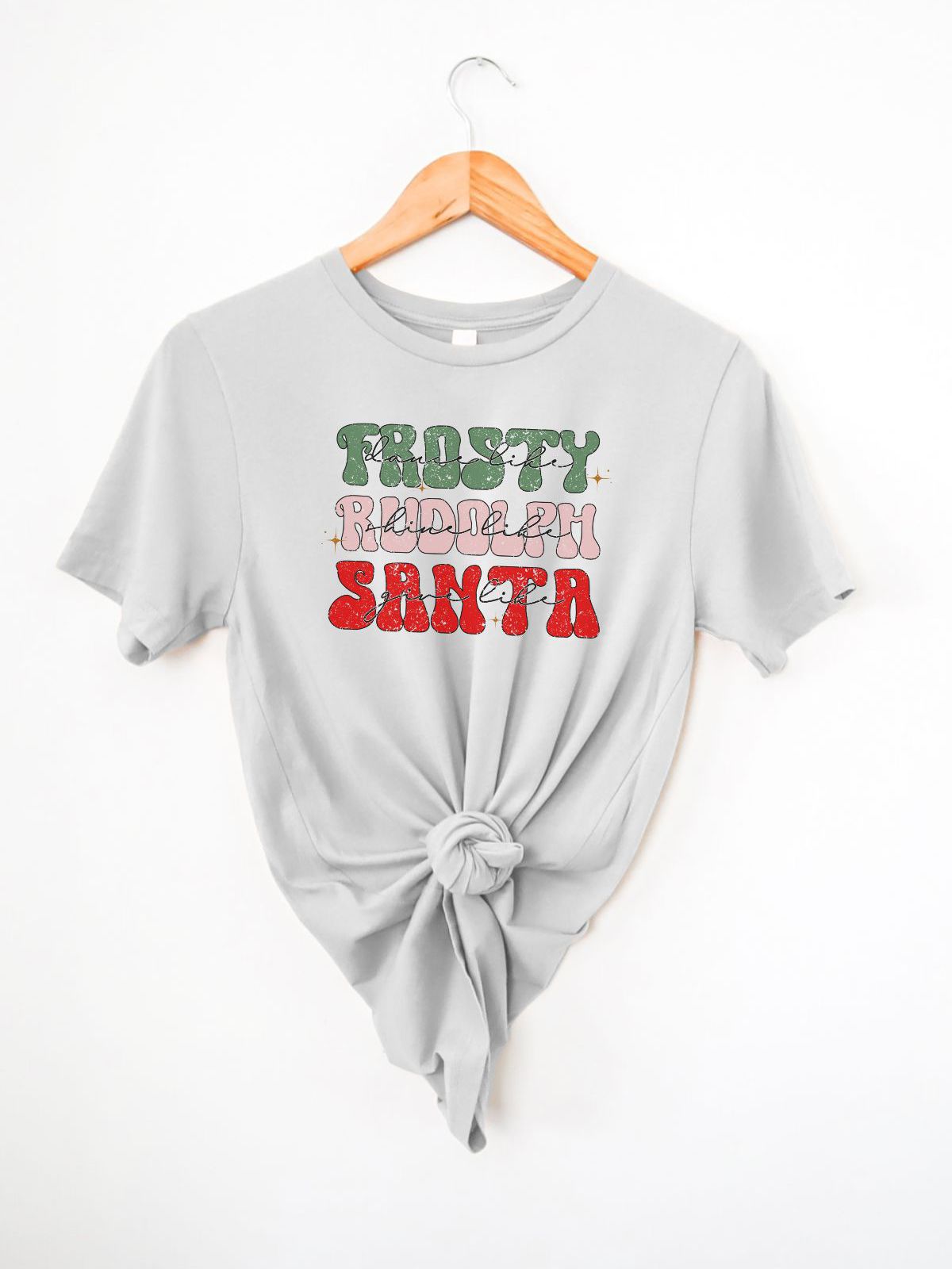 gray t-shirt with frosty rudolph santa text