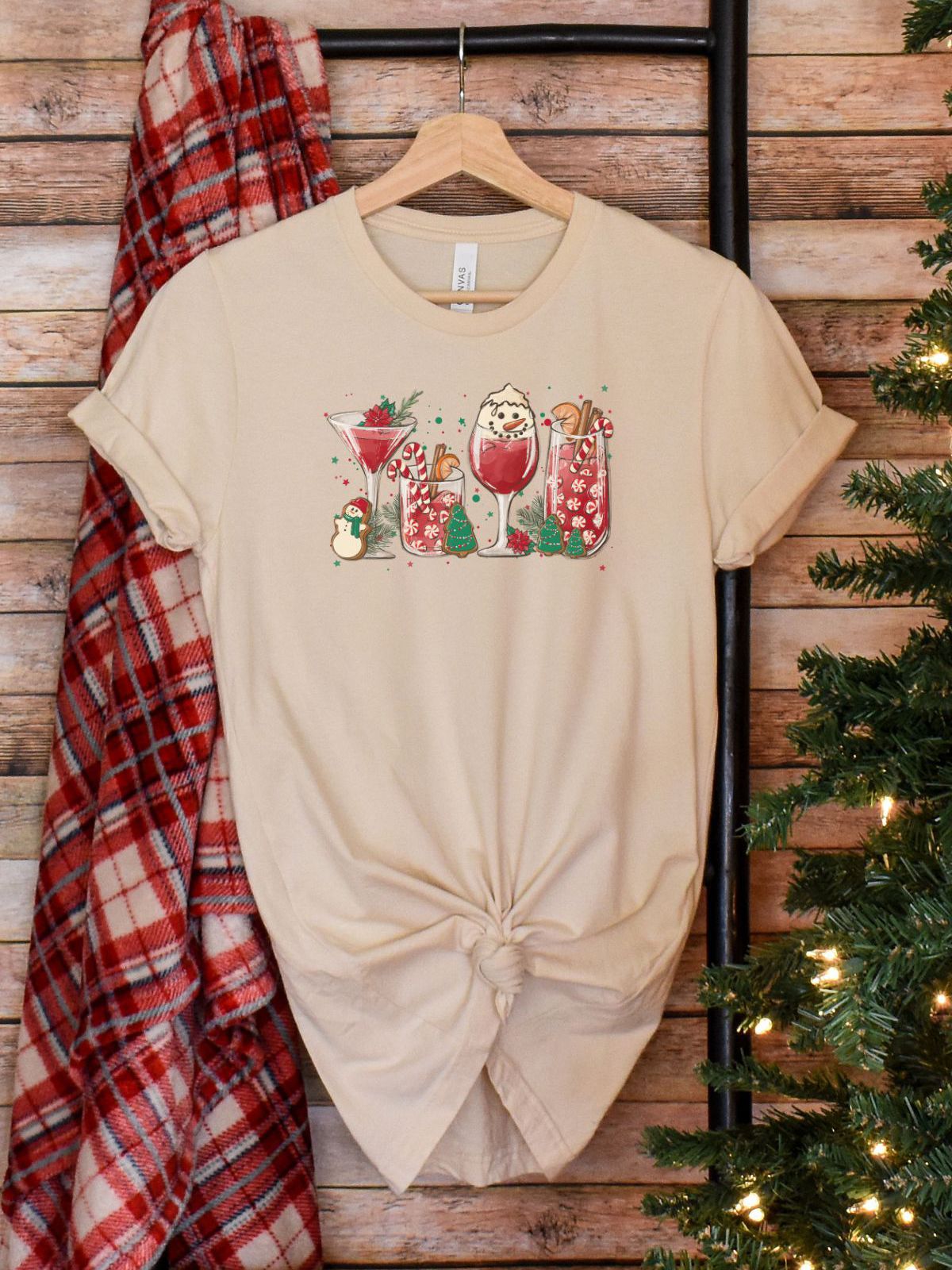 beige t-shirt with festive drinks design