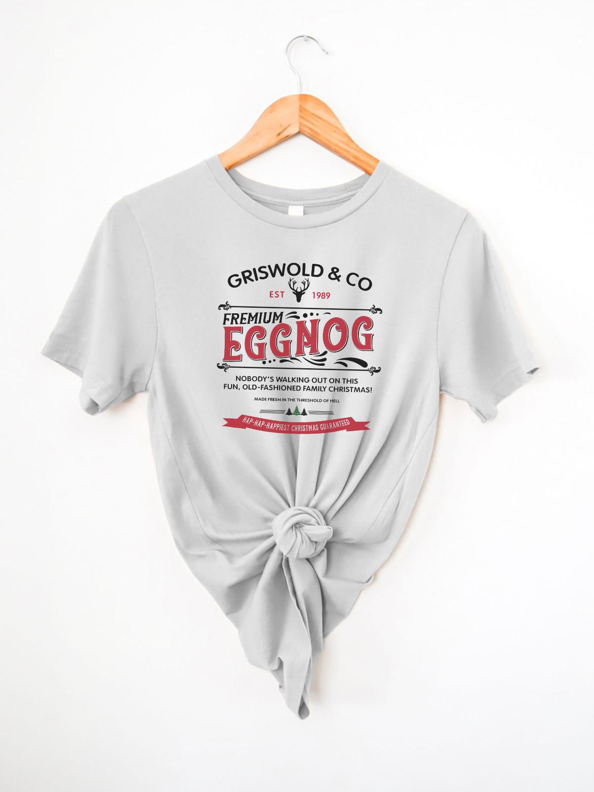 Gray women's tee with Griswold & Co eggnog design on hanger