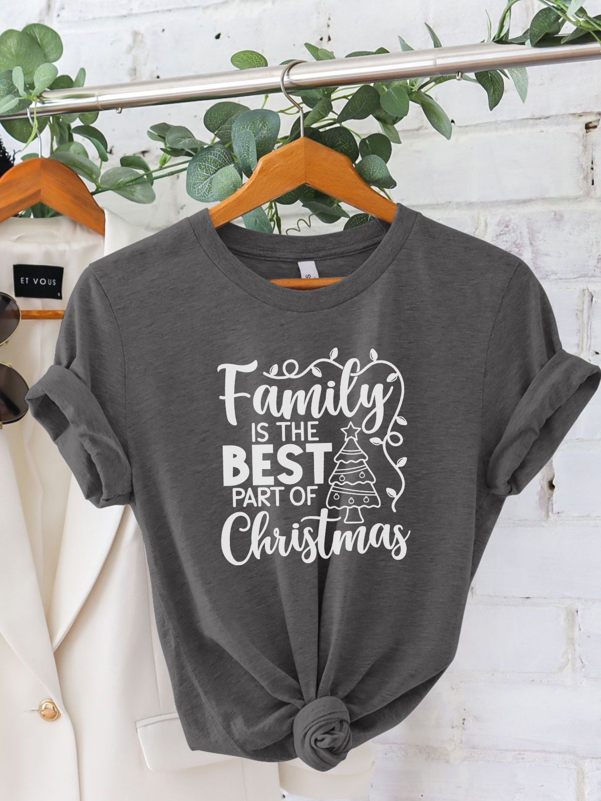 Gray T-shirt with Family is the Best Part of Christmas design