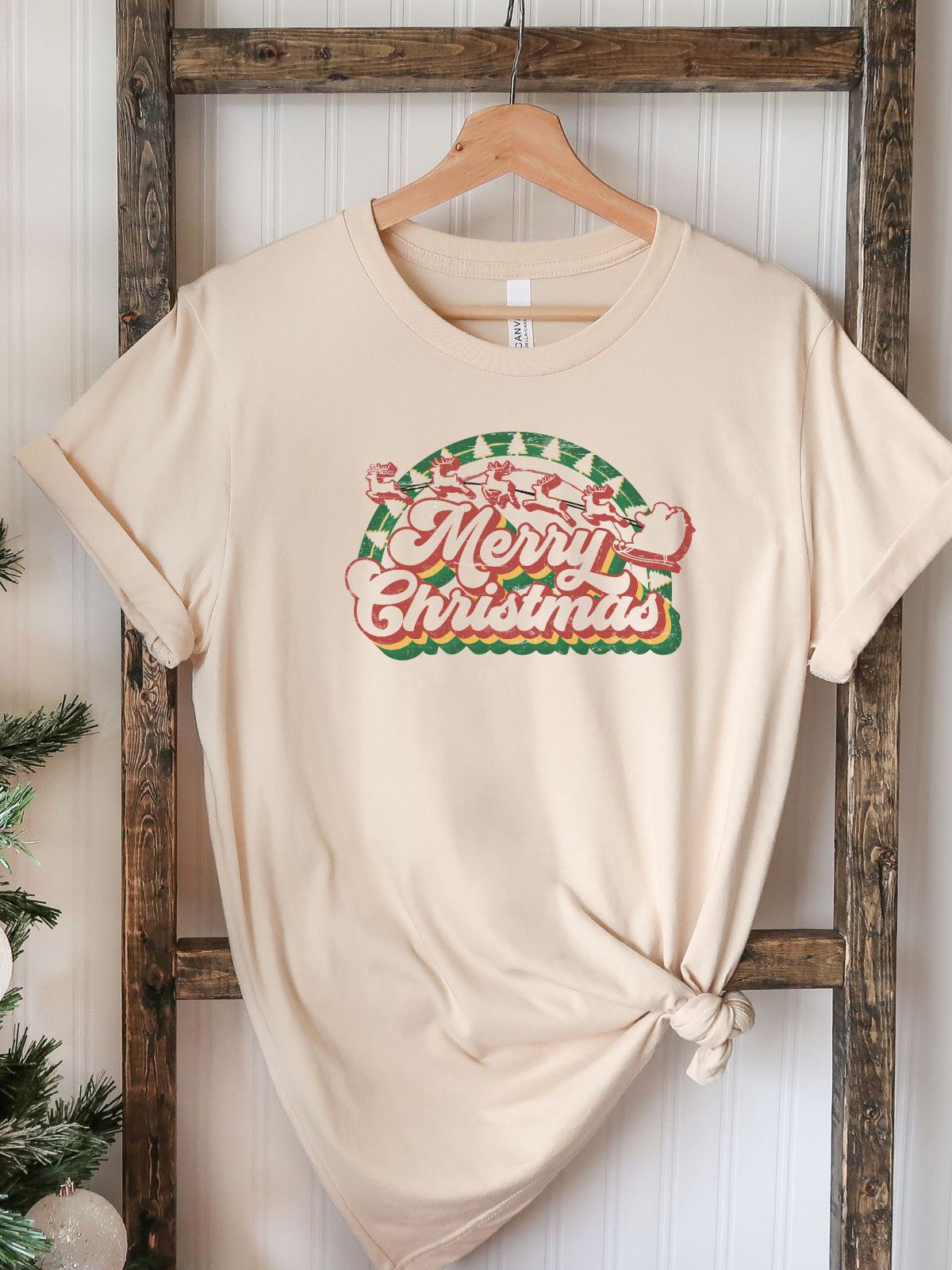 Merry Christmas design on beige women's t-shirt