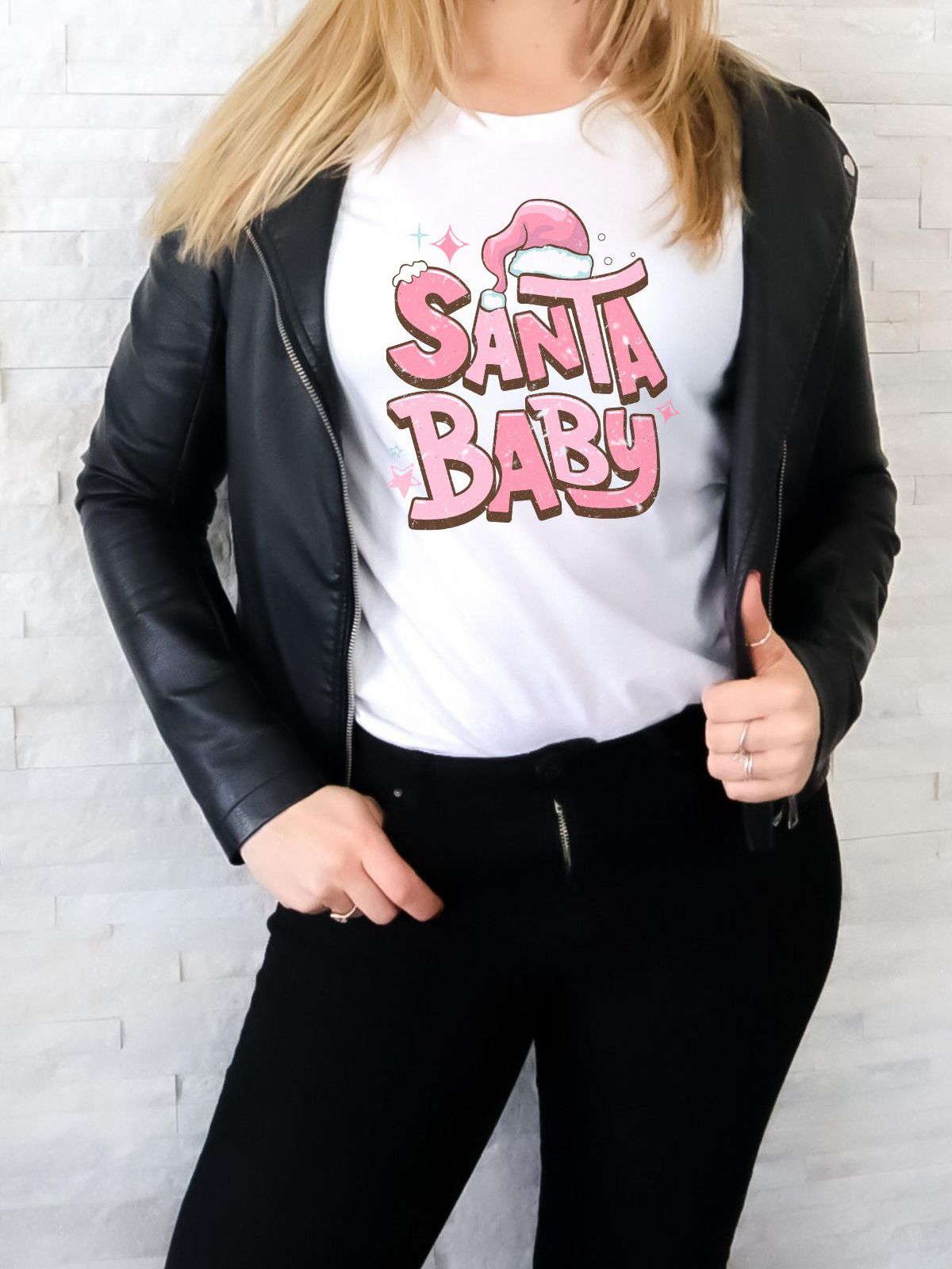 woman wearing santa baby tee