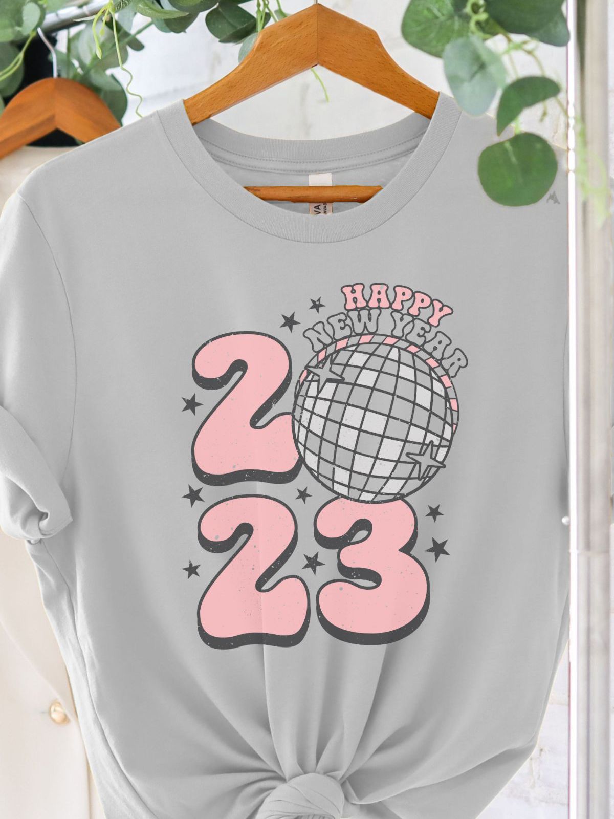 Gray t-shirt with 2023 New Year disco ball design