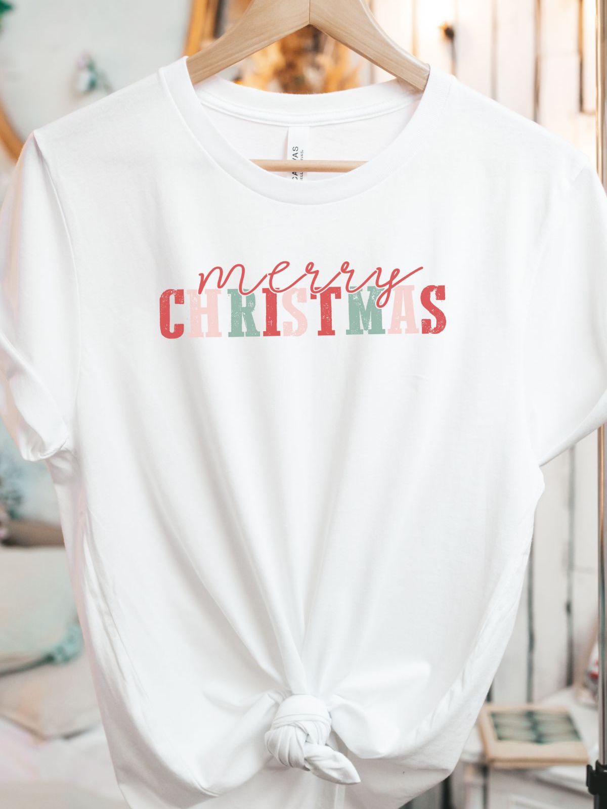 white t-shirt with Merry Christmas text