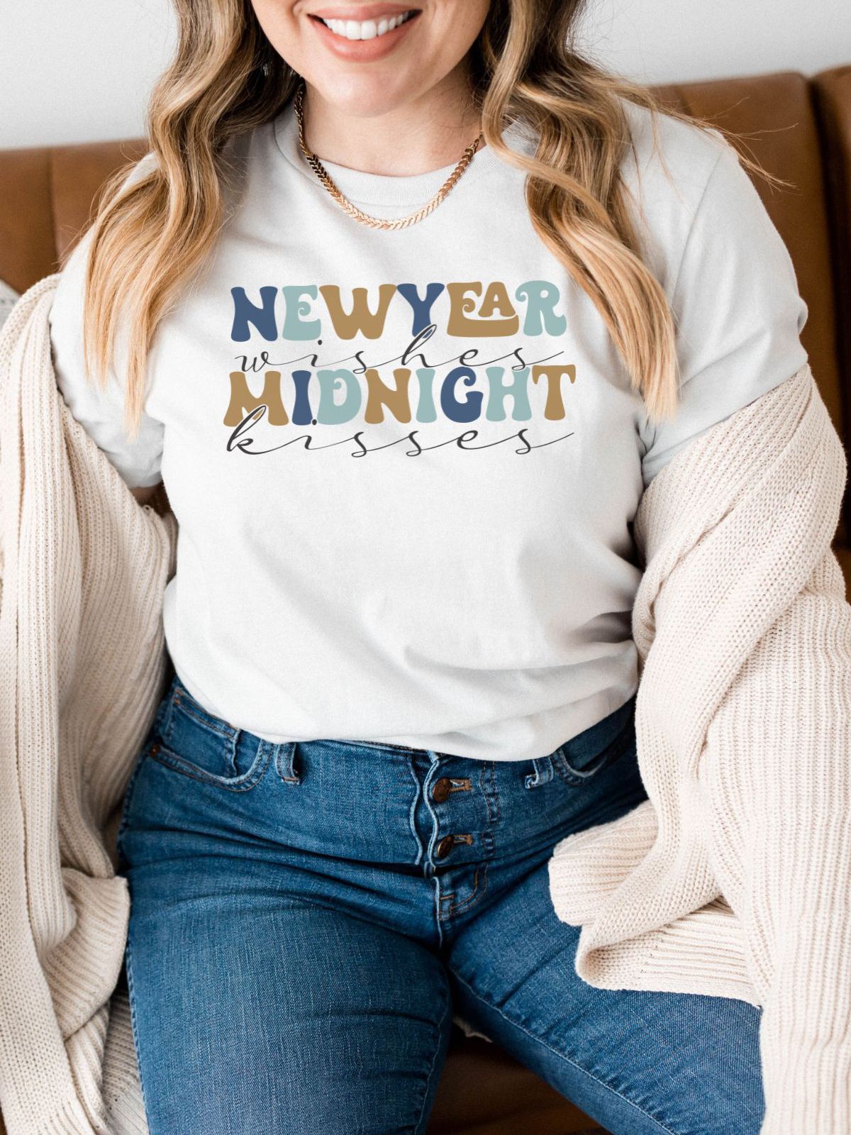 woman wearing New Year Wishes Midnight Kisses t-shirt