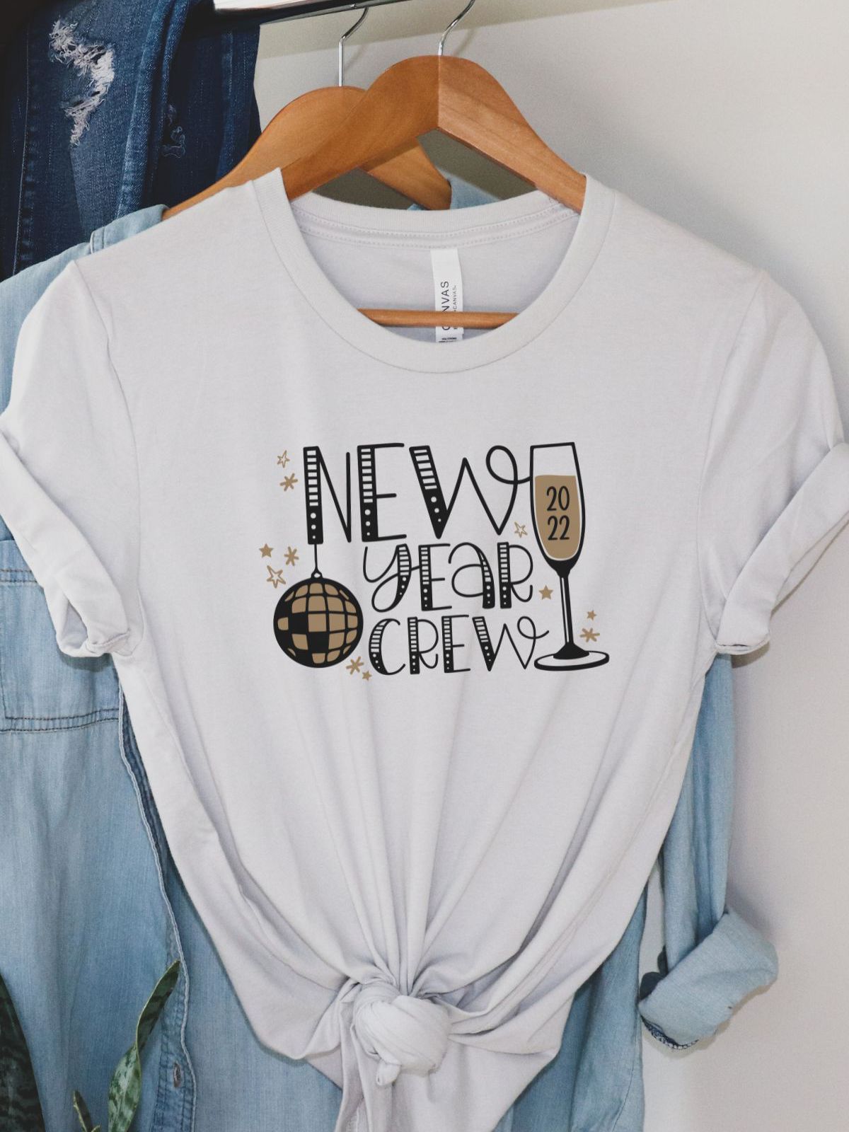 New Year Crew graphic t-shirt with champagne and disco ball