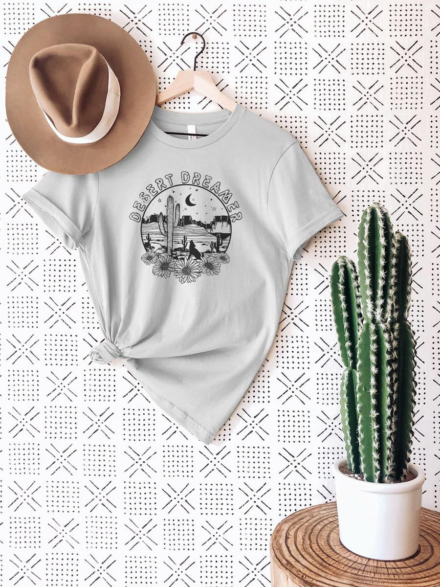 Desert Dreamer graphic t-shirt with cactus and night sky