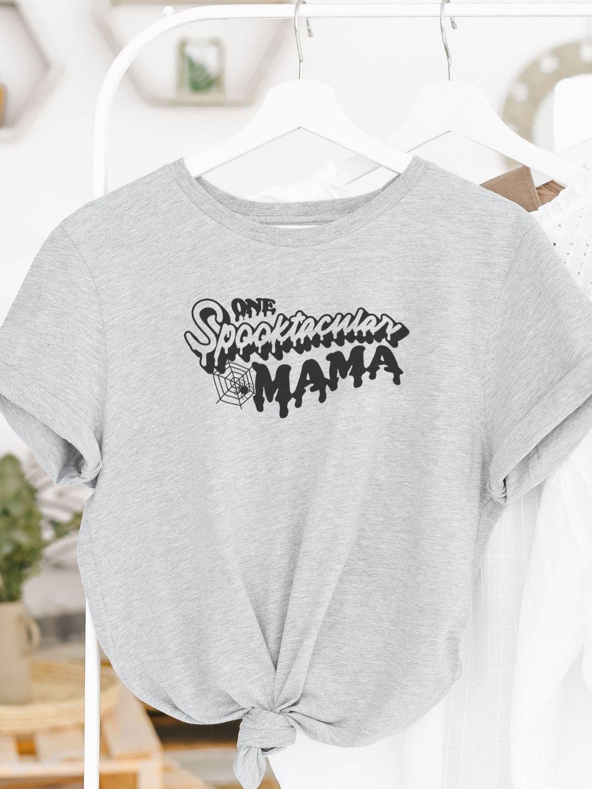 Grey Spooktacular Mama women's t-shirt with Halloween theme