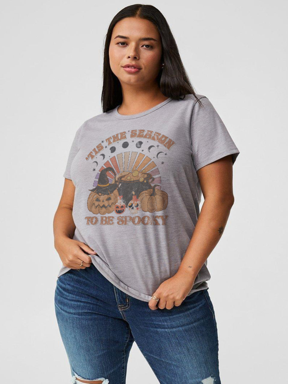 woman wearing spooky Halloween t-shirt