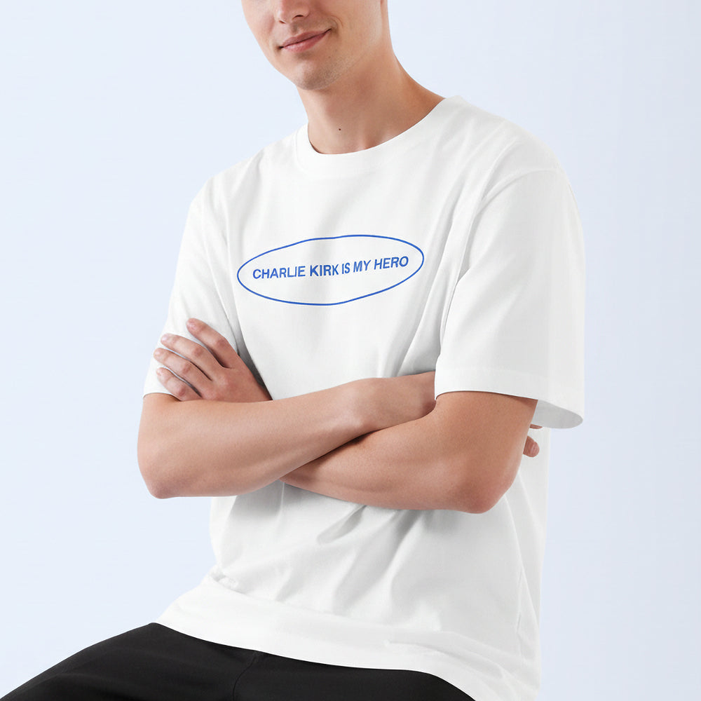 white t-shirt with Charlie Kirk is my hero text