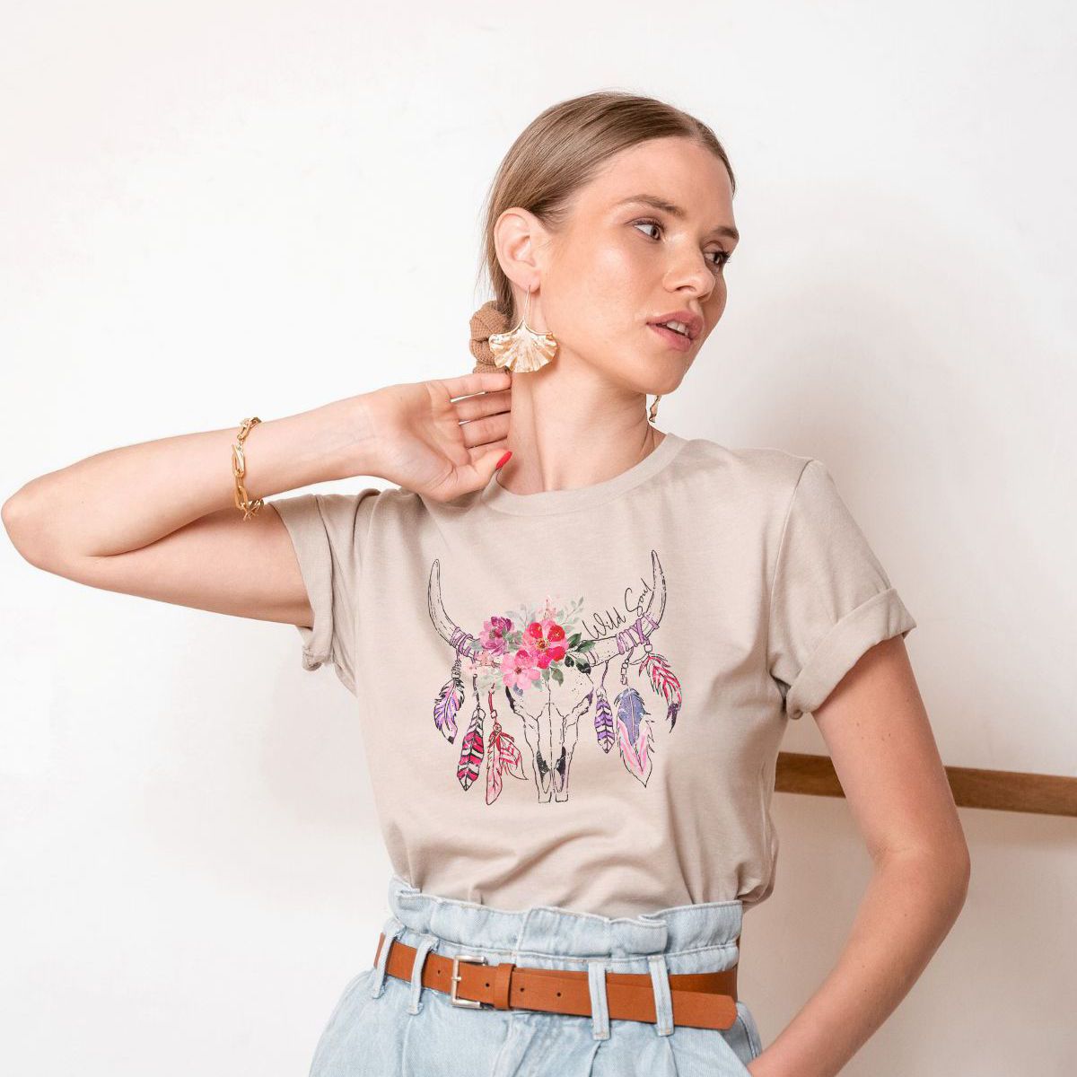 Floral Bull Skull Women's T-Shirt Boho Style