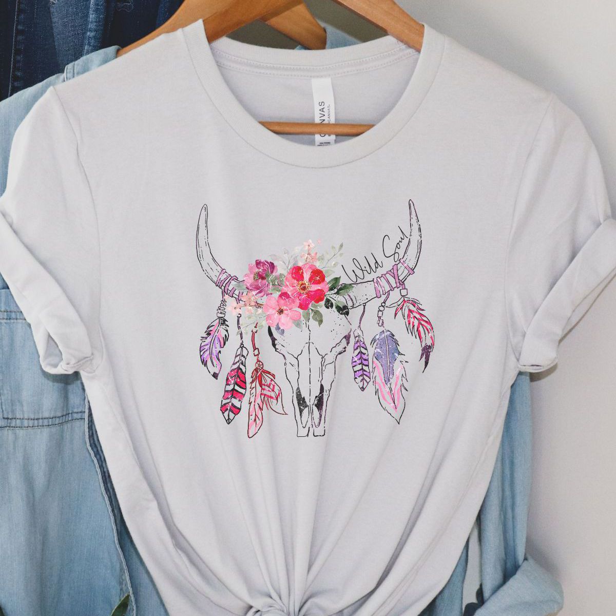 Floral Bull Skull Women's T-Shirt Boho Style