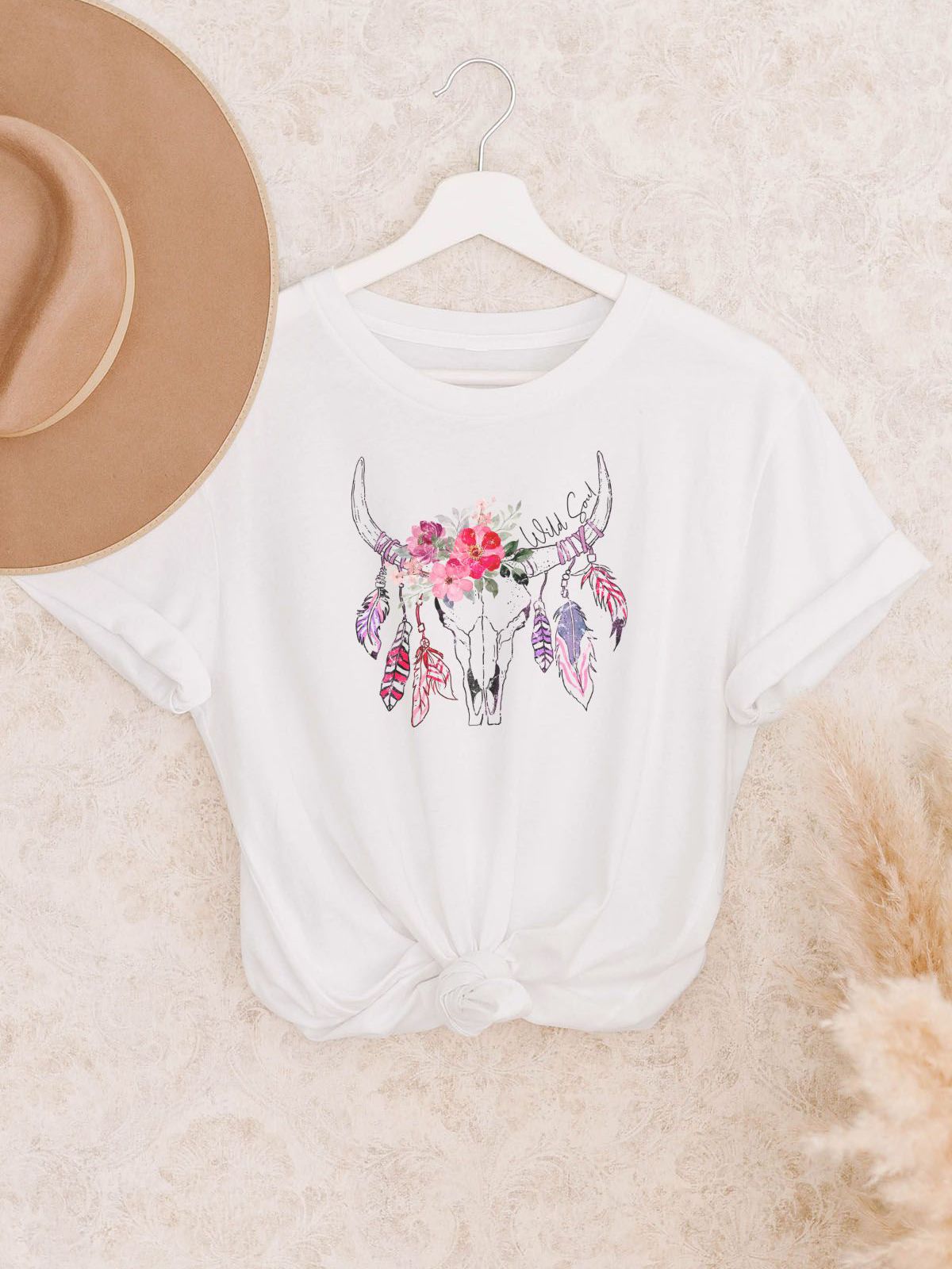 Floral Bull Skull Women's T-Shirt Boho Style