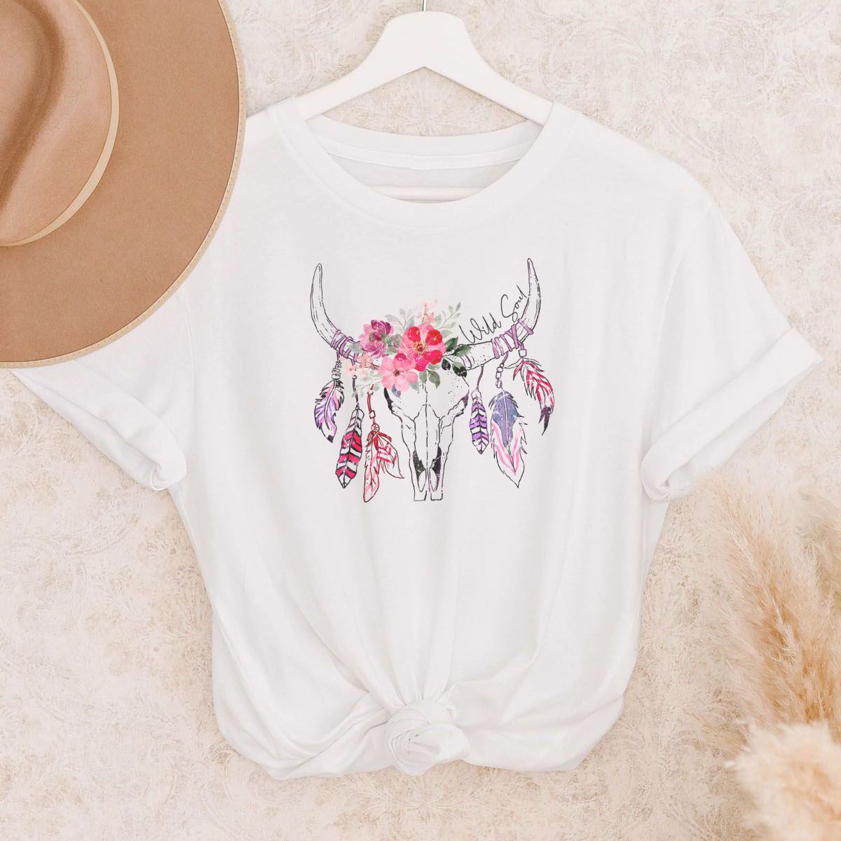 Floral Bull Skull Women's T-Shirt Boho Style