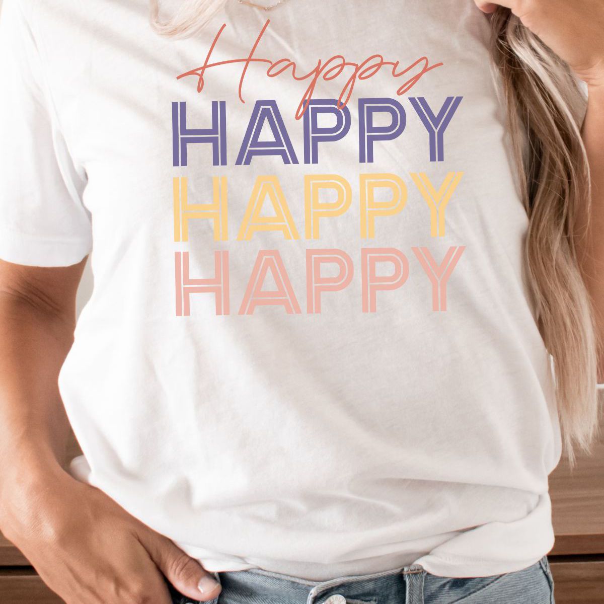 Happy Text Womens T-Shirt Casual